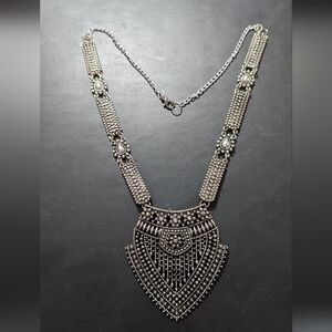 Silver Tone Art Deco Style Plaque Statement Necklace